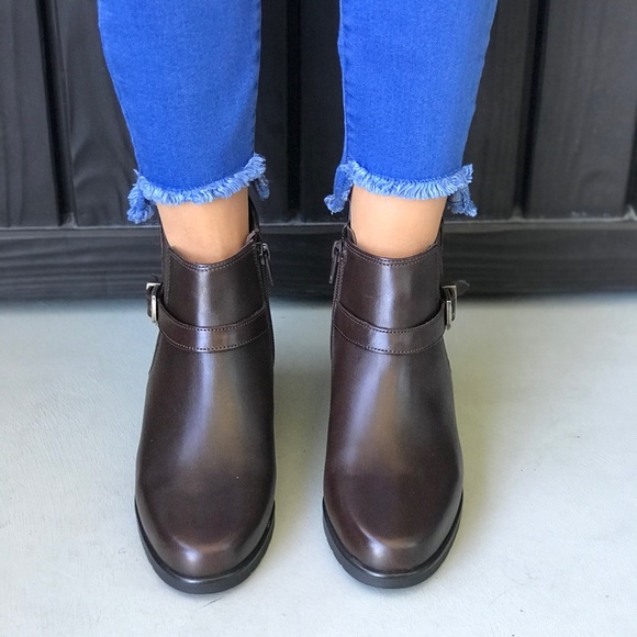 NIB Brown Side Zip Leather Ankle Buckle Bootie - Picture 5 of 6